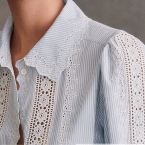 Sézane Claudio Shirt. Elegant Blue Striped Shirt with Lace Detailing